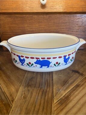 Vintage House of Lloyd Blue Farm Animal Ceramic Serving Baking Dish - White